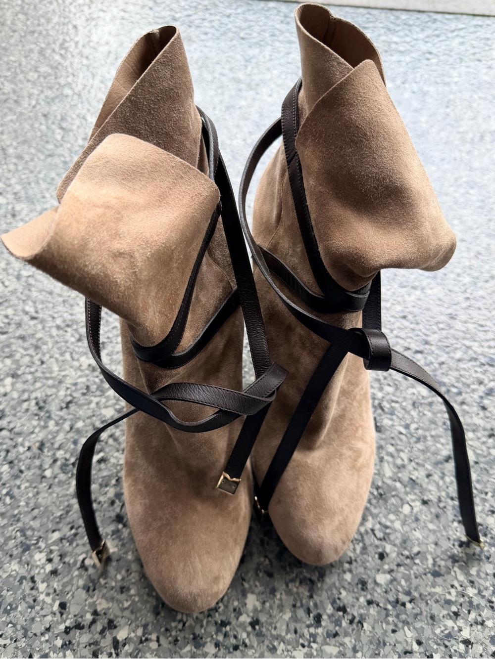 Jimmy Choo Taupe Suede Ankle Boots with Black Wrap Laces